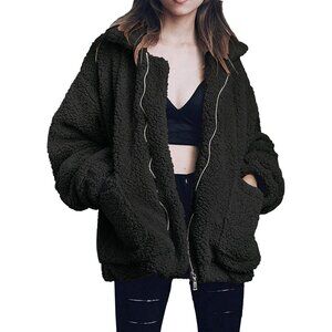 👑Women's Classic Black Casual Fleece Zipper Oversized Outwear Coat Warm Jacket